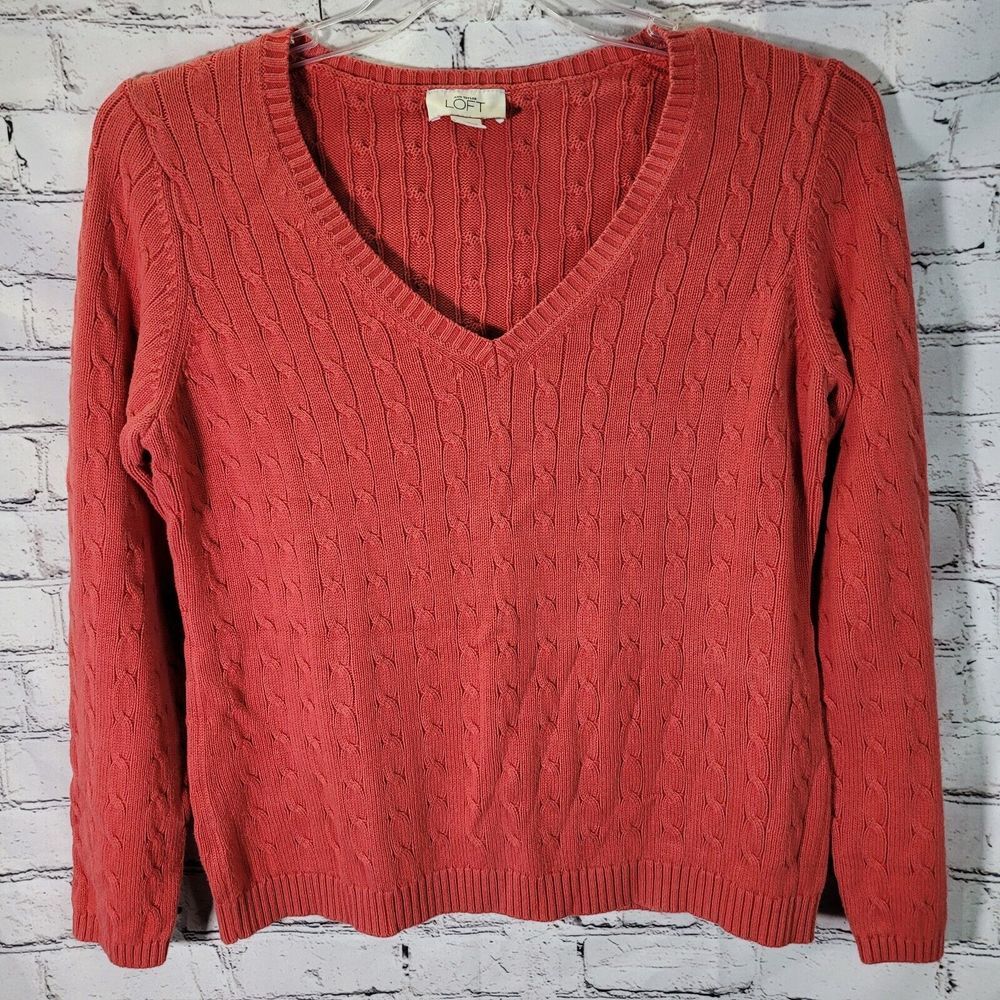 Ann Taylor LOFT‎ Cable Knit Sweater Womens Large Coral Pink V-Neck Cotton 213420